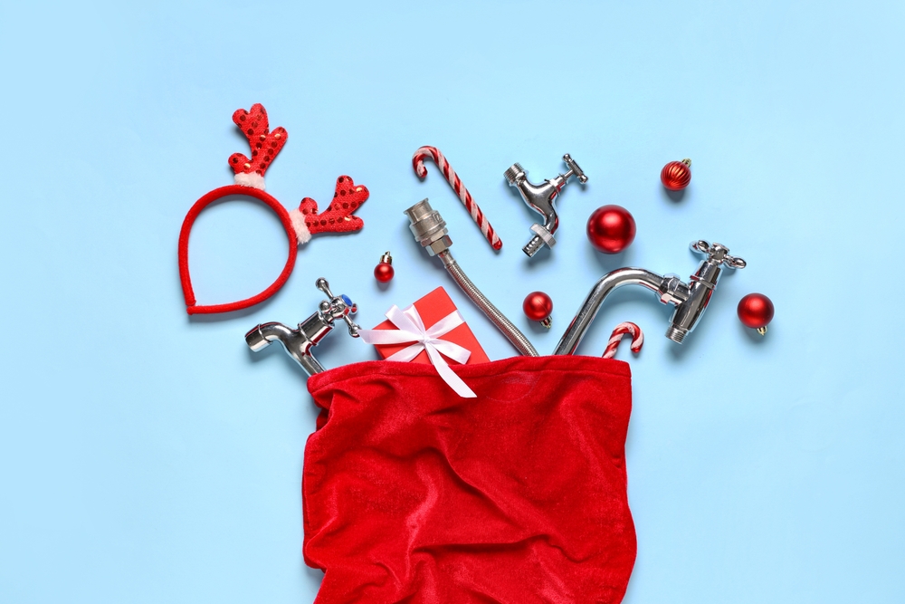 Santa,Bag,With,Plumber’s,Items,,Gift,And,Christmas,Balls,On Santa,Bag,With,Plumber's,Items,,Gift,And,Christmas,Balls,On