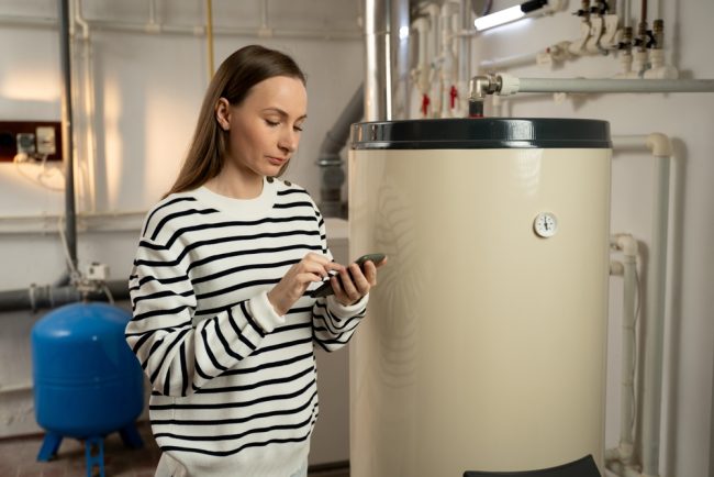 A,Young,Woman,Examines,A,Non-operational,Boiler,With,Concern,,Holding A,Young,Woman,Examines,A,Non-operational,Boiler,With,Concern,,Holding